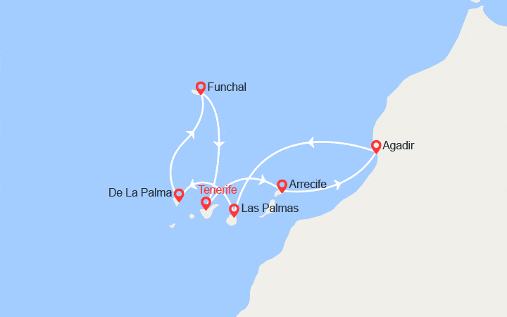Carte itinéraire croisière Canaries, Maroc, Espagne, Madère