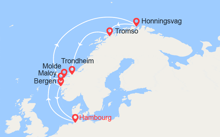 Carte itinéraire croisière Cap Nord et Norvège