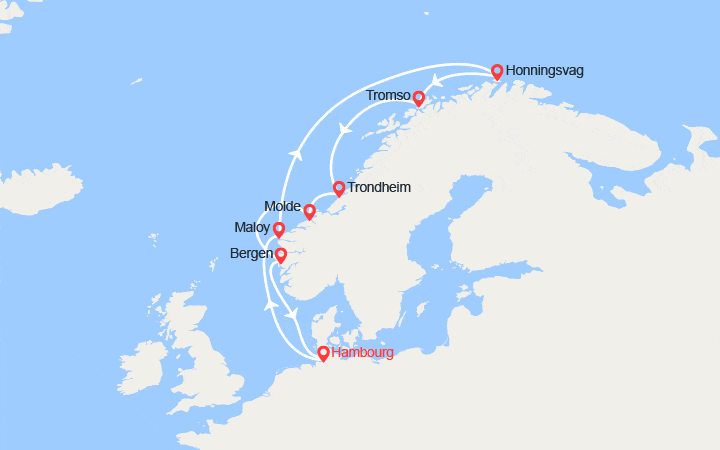 Carte itinéraire croisière Cap Nord et Norvège