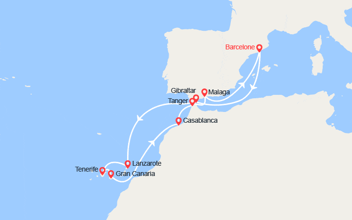 Carte itinéraire croisière Cap vers Gibraltar, les îles Canaries et le Maroc