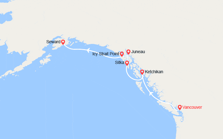 Carte itinéraire croisière Cap vers l'Alaska au départ de Vancouver