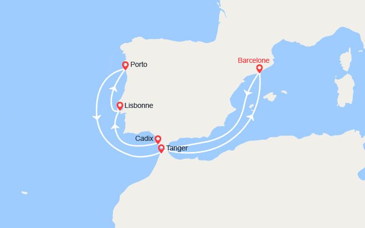 Carte itinéraire croisière Cap vers le Portugal et le Maroc : Lisbonne, Porto, Tangier