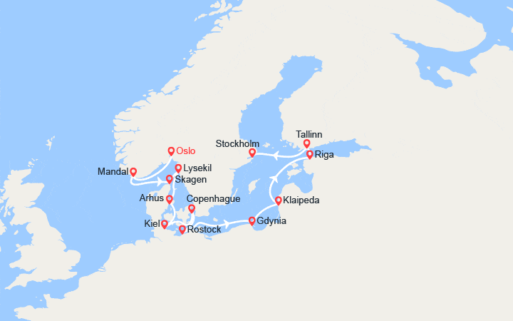 Carte itinéraire croisière Capitales de la Baltique