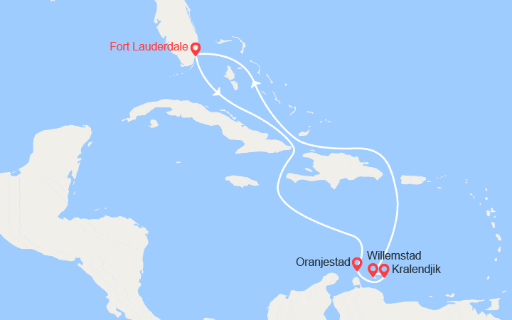 Carte itinéraire croisière Caraïbes : Aruba, Boanaire, Curacao