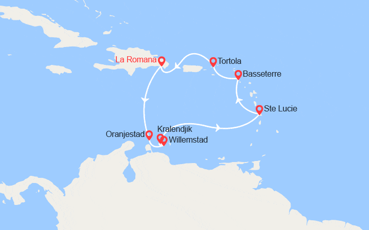 Carte itinéraire croisière Caraïbes au départ de la Rép. Dominicaine : Aruba, Sainte-Lucie, Tortola