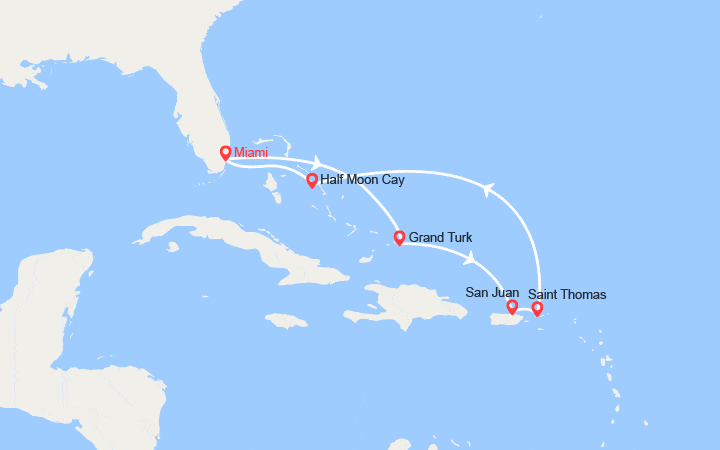 Carte itinéraire croisière Caraïbes Est : Grand Turk, Porto Rico, St Thomas, Bahamas