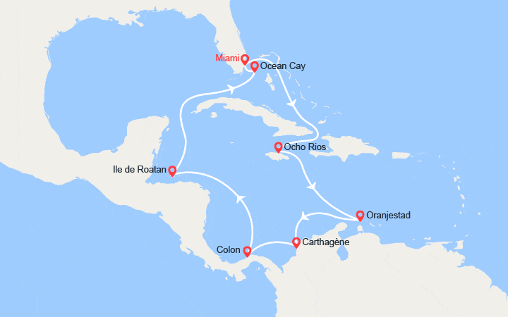 Carte itinéraire croisière Caraïbes : Jamaïque, Aruba, Colombie, Panama, île de Roatan, Bahamas