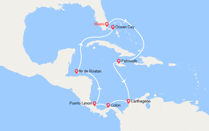Carte itinéraire croisière Caraïbes : Jamaïque, Colombie, Panama, Costa Rica, île de Roatan, Bahamas