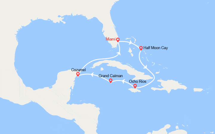 Carte itinéraire croisière Caraïbes Ouest : Bahamas, Jamaïque, Caïmans, Mexique