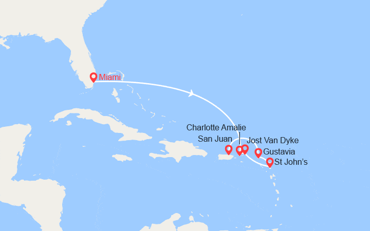 Carte itinéraire croisière Charlotte Amalie, Jost Van Dyke, Saint John's, Saint-Barthélemy
