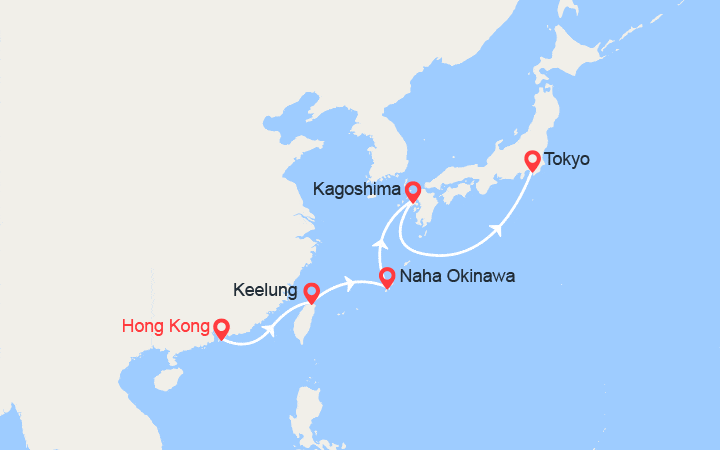 Carte itinéraire croisière Chine, Taïwan, Japon
