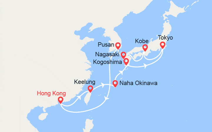 Carte itinéraire croisière Chine, Taïwan, Japon, Corée du Sud