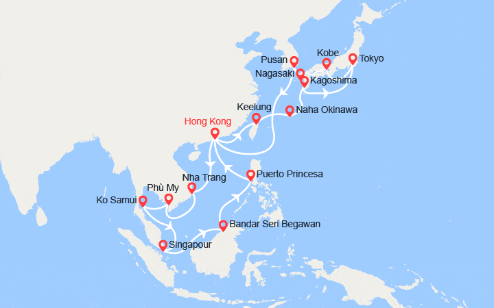 Carte itinéraire croisière Chine, Taïwan, Japon, Corée du Sud, Vietnam, Singapour, Philippines