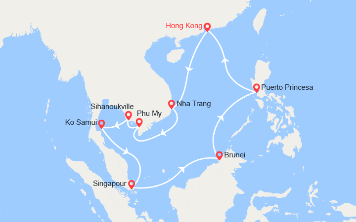 Carte itinéraire croisière Chine, Vietnam, Cambodge, Singapour, Brunei, Philippines