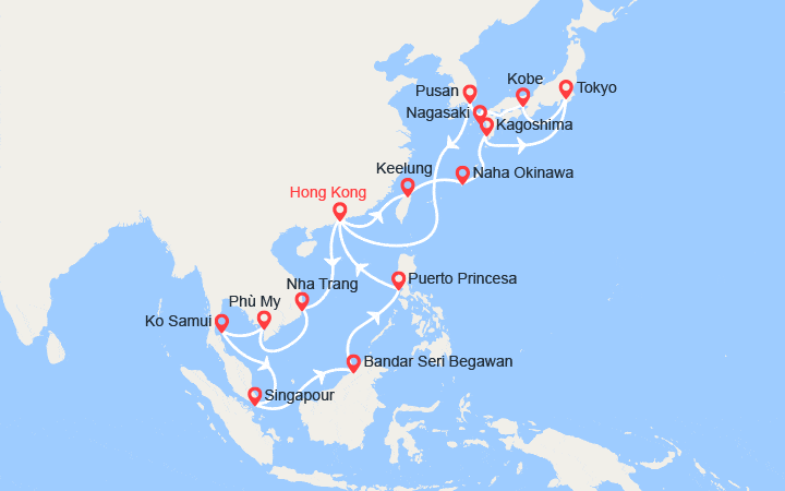 Carte itinéraire croisière Chine, Vietnam, Singapour, Philippines, Taïwan, Japon, Corée du Sud