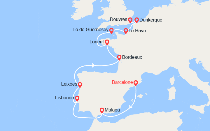 Carte itinéraire croisière Côte Atlantique : de Barcelone à Londres