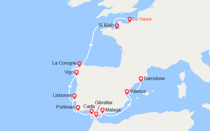Carte itinéraire croisière Côte atlantique & Péninsule ibérique : du Havre à Barcelone