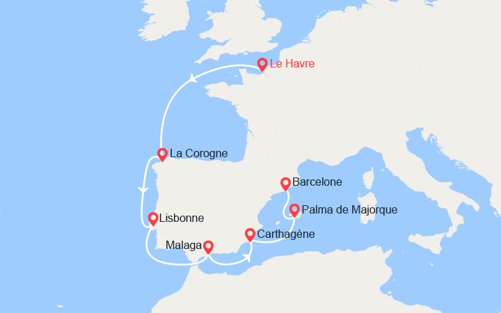 Carte itinéraire croisière Côte atlantique, Péninsule ibérique & Majorque : du Havre à Barcelone