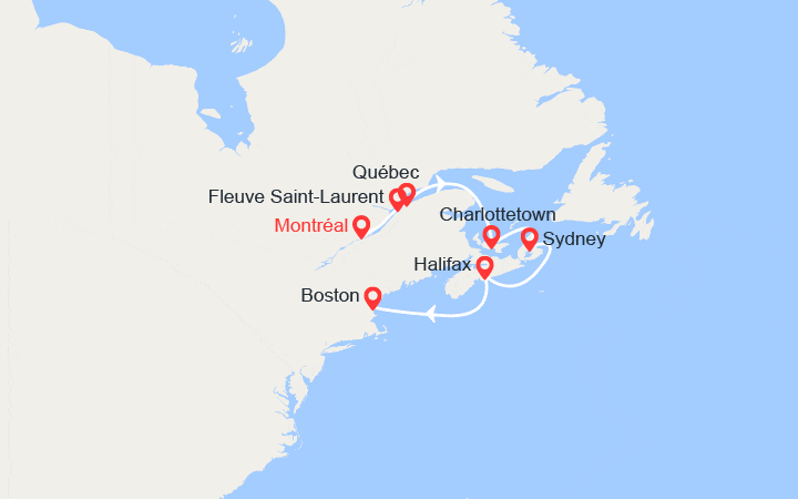 Carte itinéraire croisière Côte Est de l'Amérique : Canada & Nouvelle-Angleterre (B)