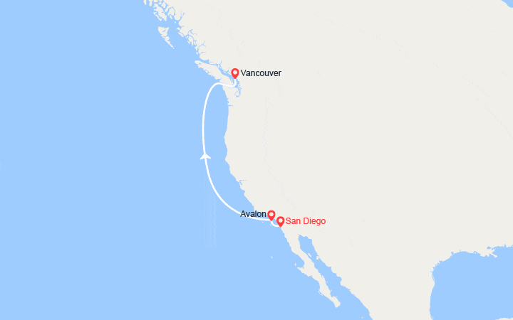 Carte itinéraire croisière Côte Pacifique : de San Diego à Vancouver