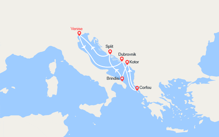 Carte itinéraire croisière Croatie, îles Grecques, Monténégro, Italie