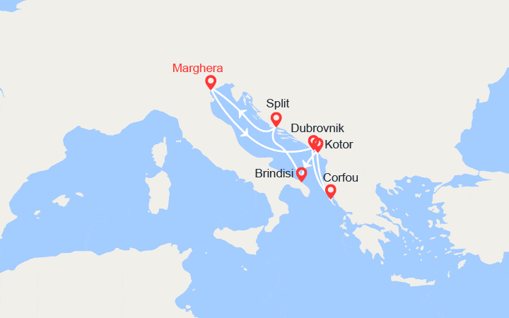 Carte itinéraire croisière Croatie, îles Grecques, Monténégro, Italie