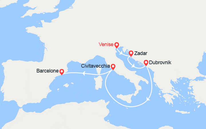 Carte itinéraire croisière Croatie, Italie, Espagne