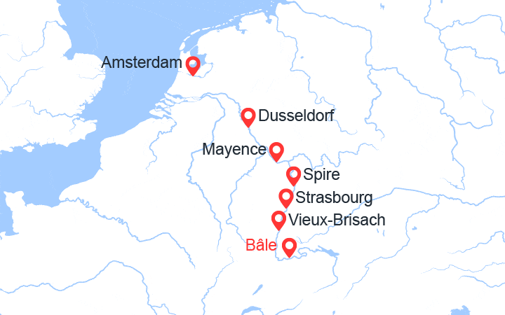Carte itinéraire croisière Croisière Rhin : de Basel à Amsterdam via Strasbourg, Mainz et Düsseldorf