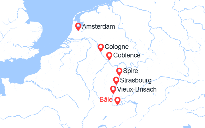 Carte itinéraire croisière Croisière Rhin et Pays-Bas – Suisse, Allemagne, France et Pays-Bas