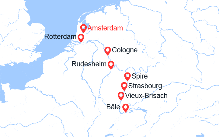 Carte itinéraire croisière Croisière Rhin romantique : d’Amsterdam à Basel via Düsseldorf, Mainz et Strasbourg