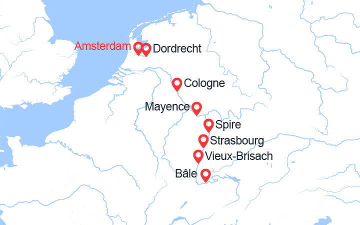 Carte itinéraire croisière Croisière sur le Rhin : d’Amsterdam à Basel via Dordrecht, Cologne et Strasbourg