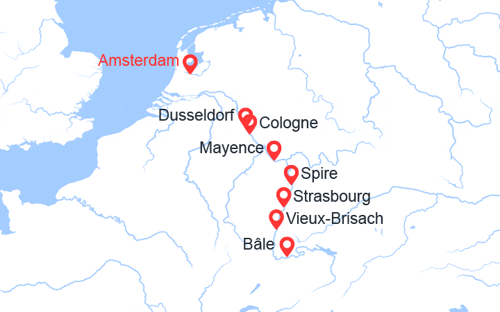 Carte itinéraire croisière Croisière sur le Rhin : d’Amsterdam à Basel via Düsseldorf, Cologne et Strasbourg