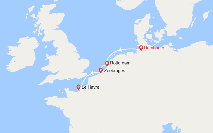 Carte itinéraire croisière D'Hambourg au Havre