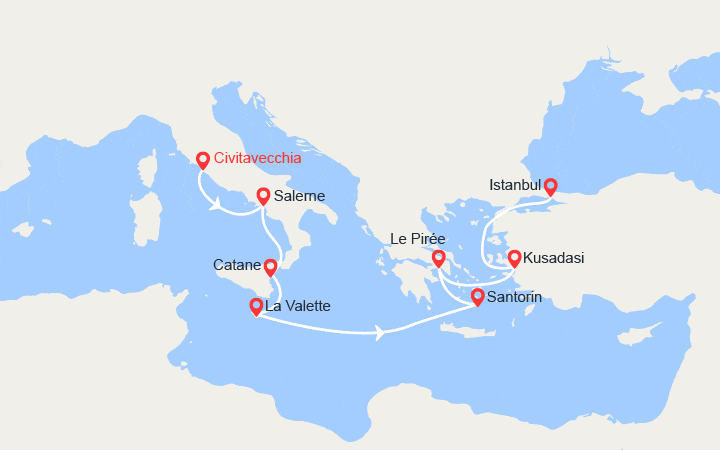 Carte itinéraire croisière D’Italie à Istanbul : Malte, Grèce,Turquie