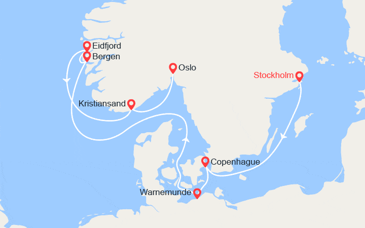 Carte itinéraire croisière Danemark, Allemagne, Norvège