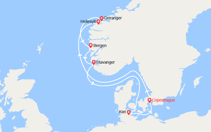 Carte itinéraire croisière Danemark, Norvège, Allemagne