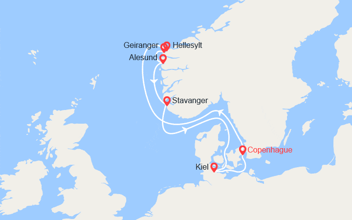 Carte itinéraire croisière Danemark, Norvège, Allemagne