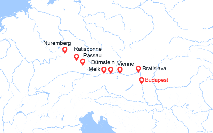 Carte itinéraire croisière Danube : de Budapest à Nuremberg via Bratislava, Vienna, Melk
