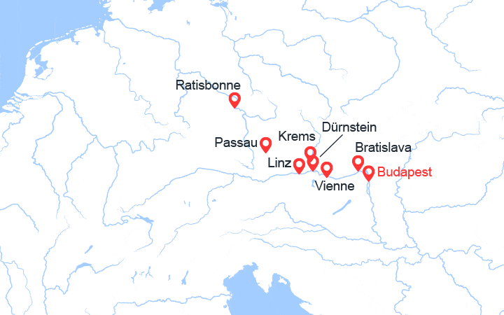 Carte itinéraire croisière Danube : de Budapest à Regensburg