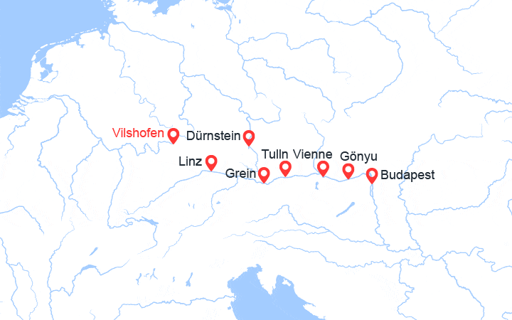 Carte itinéraire croisière Danube : de Vilshofen à Budapest