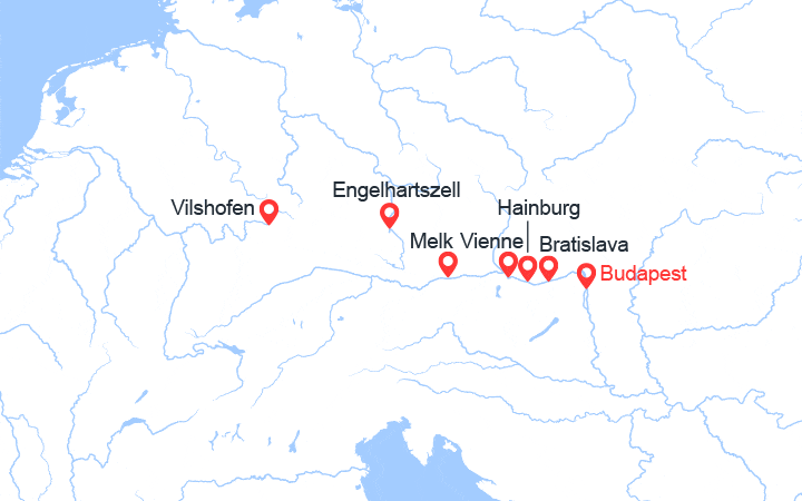 Carte itinéraire croisière Danube en croisière : Budapest, Vienne, Melk et Vilshofen