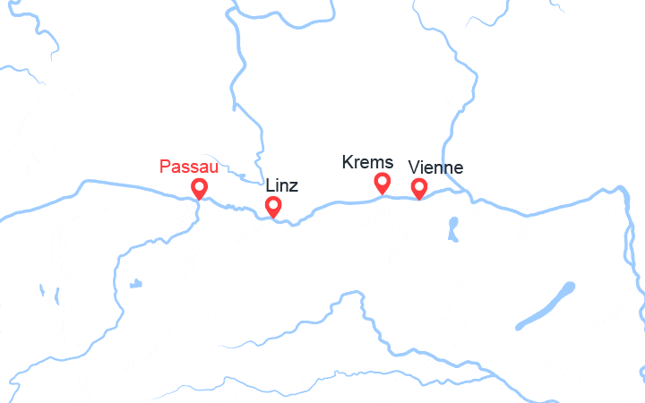 Carte itinéraire croisière Danube : Passau, Vienne, Linz, Passau
