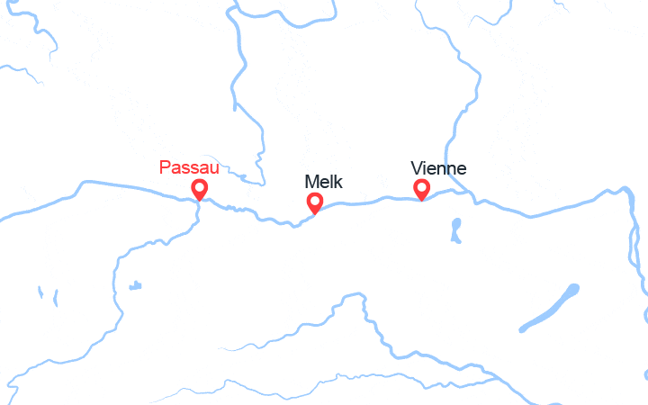 Carte itinéraire croisière Danube : Passau, Vienne, Melk, Passau
