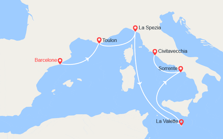 Carte itinéraire croisière De Barcelone à Rome : Espagne, Côte d'Azur, Italie, Malte