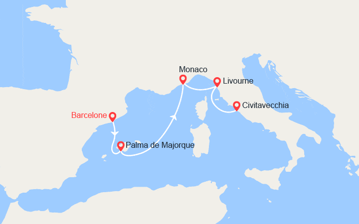 Carte itinéraire croisière De Barcelone à Rome : Majorque, Monte-Carlo, Toscane