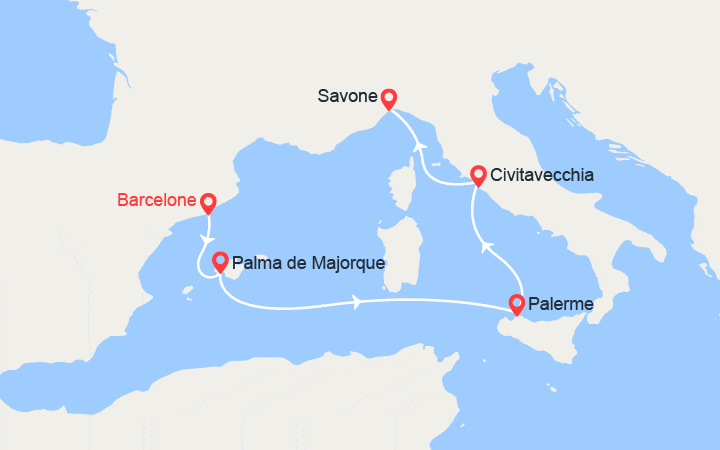 Carte itinéraire croisière De Barcelone à Savone