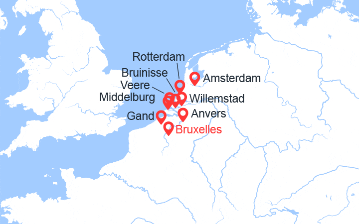 Carte itinéraire croisière De Bruxelles à Amsterdam