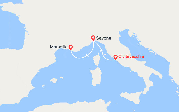 Carte itinéraire croisière De Civitavecchia à Marseille