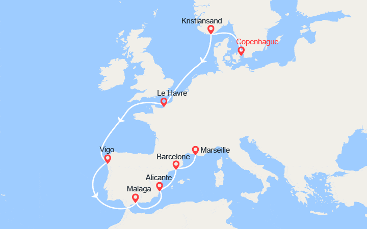 Carte itinéraire croisière De Copenhague à Marseille