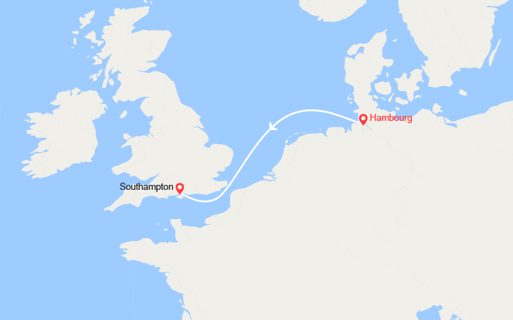 Carte itinéraire croisière De Hambourg à Southampton